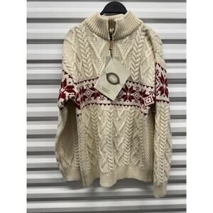 Aran Sweater Market Medium Beige Chunky Merino Fishermans Wool Fair Isle Zip NWT